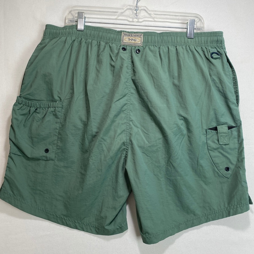 Hook & Tackle Fishing Shorts Mens Large Green Nylon Mesh Lined Elastic Waist 7in